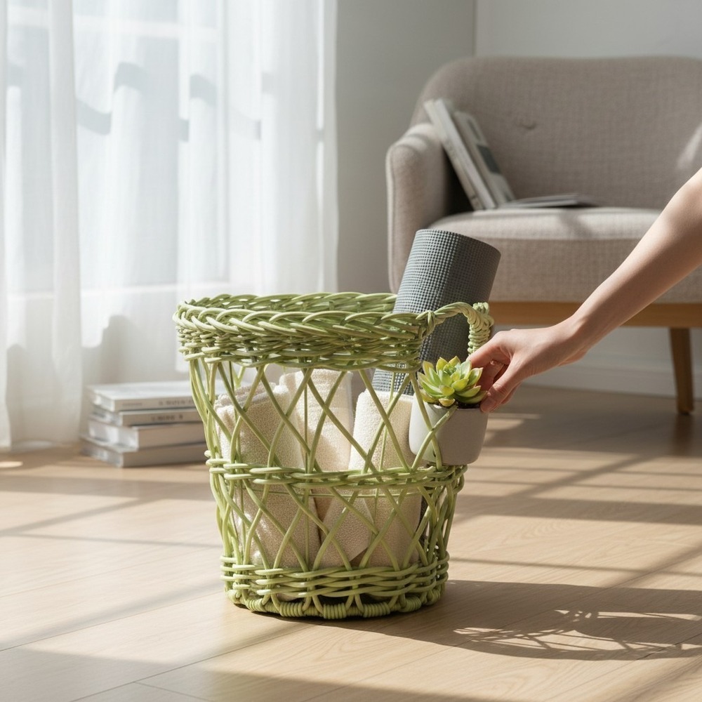 HomeGoods Wicker Basket Home OS Lime Green Brand New Boho Open Weave Braided Rim